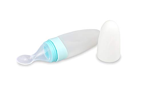 Baby Silicone Cereal Feeding Bottle, Squeeze Food Feeder with Spoon and Dust Cover, Available in Two Colors (Blue)
