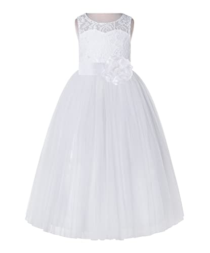 White Lace Tulle Keyhole Back Junior Flower Girl Dress Pretty Princess 178T2