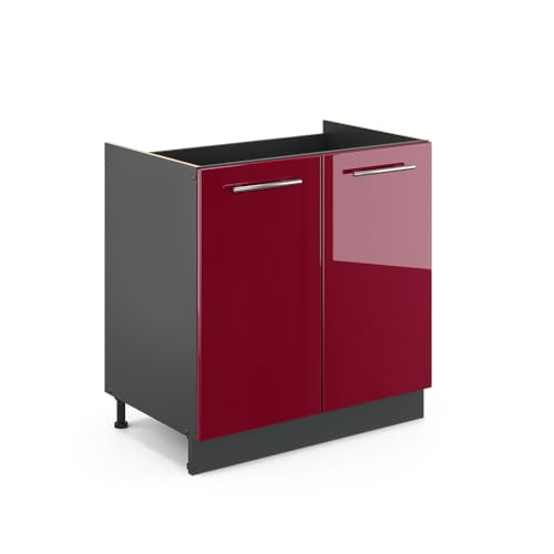 Vicco Meuble Bas sous-évier Fame-Line, Rouge Bordeaux Haute Brillance, 80cm sans PT, à Combiner avec d'autres modules de la série Fame-Line