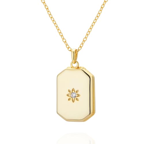 925 Sterling Silver 14K Gold Plated Rectangular Coin Lotus Photo Locket Pendant Necklace