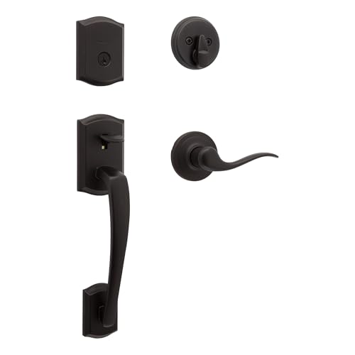 Image of Kwikset Prescott Front Door Lock Handle and Deadbolt Set, Entry Door Handleset Exterior with Tustin Interior Reversible Lever, Venetian Bronze, Pick Resistant SmartKey Rekey Deadbolt Security