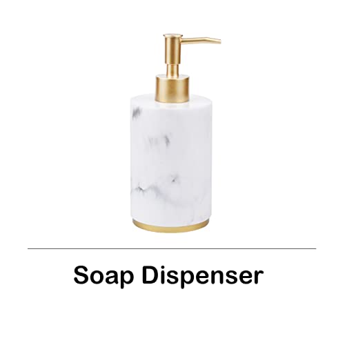 5-Piece Bathroom Counter Top Accessory Set - Dispenser For Liquid Soap Or Lotion, Soap Dish, Toothbrush Holder And 2 Tumblers, Gold Base, Marble Pattern Resin (White) #TOP3