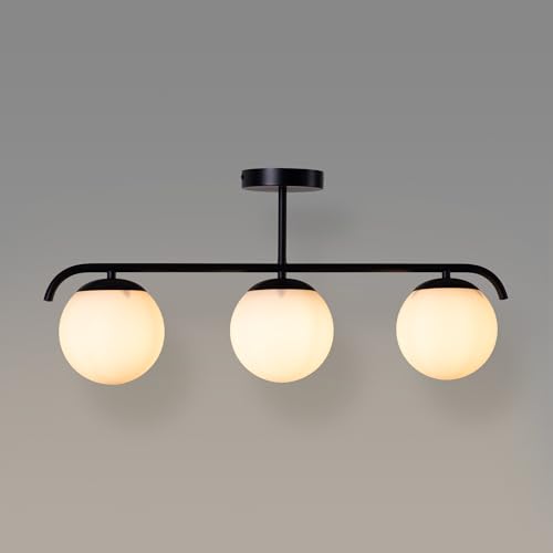 B·LED BARCELONA LED Plafonnier “Talí” à 3 Boules en Verre Opalin – Style Nordique Minimaliste – 3xE27 – Structure Métal Noir – Lumière Douce...