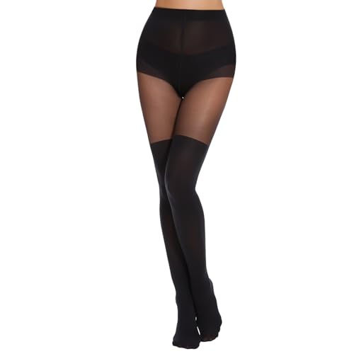 MANZI Women's Faux Thigh High Tights Mock Over the Knee Socks Black Opaque Goth Tights Stitching Sheer Pantyhose One Size Black