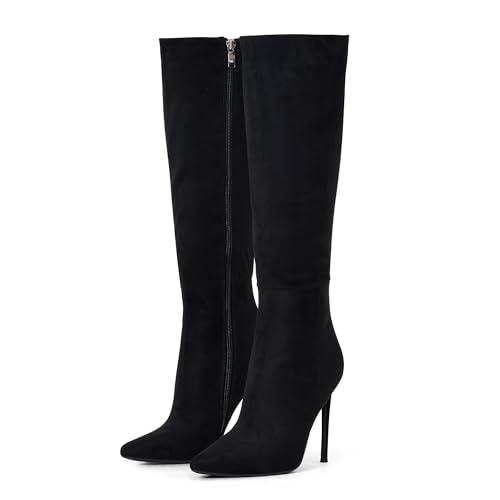 Zhabtuc Bottes hautes pour femmes de 4 pouces, bottes à talons aiguilles à bout pointu et large mollet en cuir suédé confortable et sexy, daim noir, 40 EU