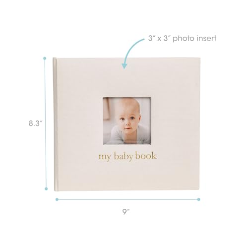 Image of Pearhead Ivory Linen Baby Memory Book, 4x6 Photo Cover Insert | 56 Guided Pages, First 5 Years Milestone Journal, Photo Album Pages, Baby Gift
