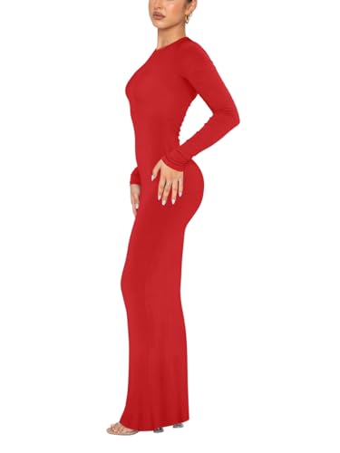 Image of REORIA Women's Sexy Crew Neck Lounge Long Dress Elegant Long Sleeve Ribbed Bodycon Maxi Dresses