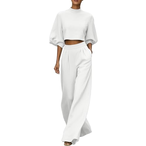 Conjunto de 2 piezas para mujer casual y top corto + pantalón ancho cintura alta ropa cómoda para casa playa verano varios modelos y colores, Blanco #3, XXL