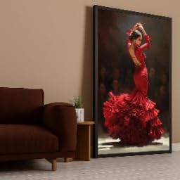 XBTYKPB Danseuse de flamenco en robe rouge fluide, toile, tableau mural, peinture dramatique, art féminin de flamenco, décoration intérieure (30 x 50...