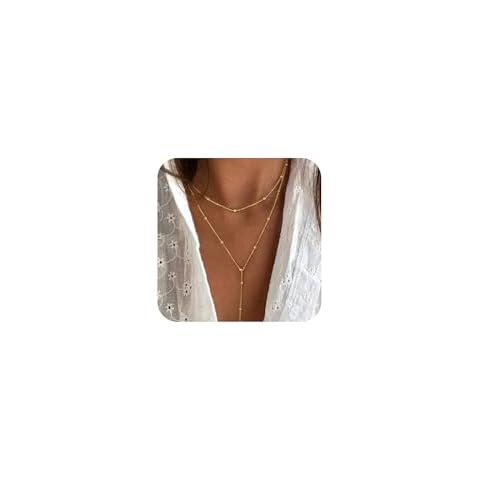 ASCOMY Lariat Gold Necklace for Women Dainty Long Necklaces 14K Gold Plated Layered Beads Chain Y-Shaped Chain Necklaces Trim Shoulders Neck Simple Long Y Necklaces Jewelry Gift for Women Cover