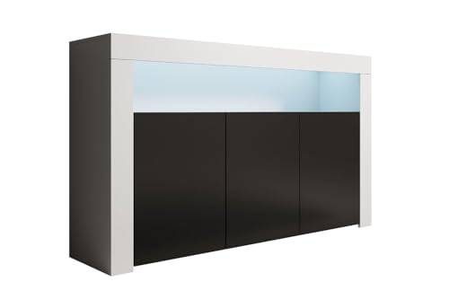 MB Muebles Bonitos | Aparador Mueble TV con LED | Armario para Salón Comedor Moderno | Aparador 3 Puertas | Ancho 155 x Alto 91,5 x Profundo 37cm | Color Blanco y Negro | Acabado Mate | Modelo Aker