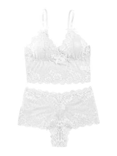 Image of Lilosy Sexy Lingerie for Women Lace Pajamas Set Cami Bra and Panty High Waist Sheer Sleepwear 2 Piece 2XS-6XL