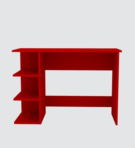 Image of Modern Compact Study Desk with 3 Side Shelves, Red, Space-Saving Home Office Table, 103x72x40 cm, DIY Assembly