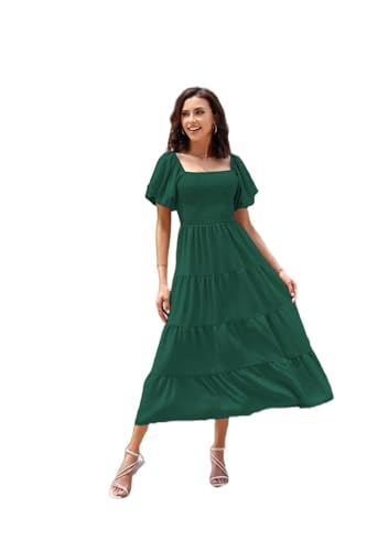 Vestido de Verano para Mujer, con Escote Cuadrado, Mangas abullonadas, Plisado y Manga Corta - Verde - XL