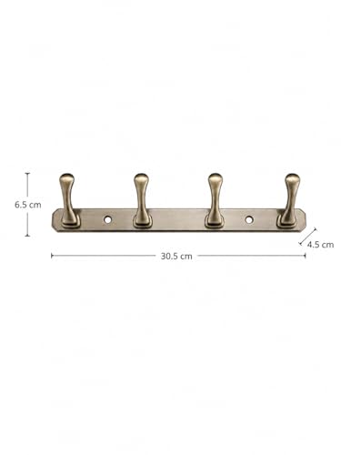 Image of ELUVIA Zinc Alloy 4 Hook Wall Hook Rail, Heavy Duty Wall Mounted Coat Hook for Clothes, Towels, Keys & Bags, Antique Brass Finish, Pack of 2, Bathroom Kitchen Bedroom Organizer