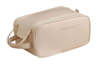 Image of Deluxe Double-Layer Travel Makeup Bag with Brush Organizer and Hanging Hook - Large Capacity for Creams, Cosmetics, and Essentials - Perfect for Women & Girls