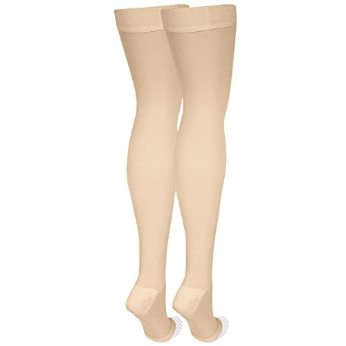 Nuvein Medical Compression Stockings, 20-30 Mmhg Support, Women & Men Thigh Length Hose, Open Toe, Light Beige, X-Large #TOP4