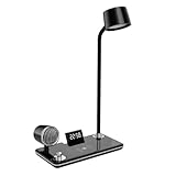 Eieenotee Multifunktionale Kabellose Telefonlade-Schreibtischlampe mit Bluetooth-Sound und -Nachtlicht, Uhr, Lese-Schreibtischlampe, Schwarz
