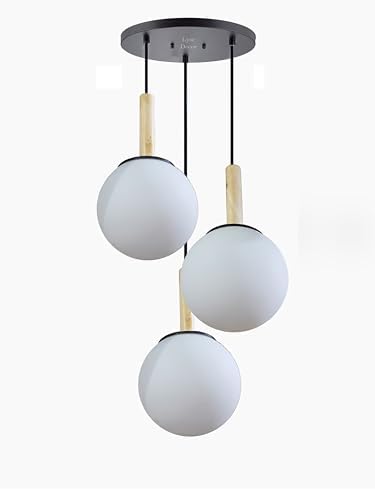 Lyse Decor Hanging Wood & Glass Ceiling Lamps, Hanging Room Lights for Bedroom, Dining Table Lights, Living Room Lamps and Decorative Lamps (White Shade)