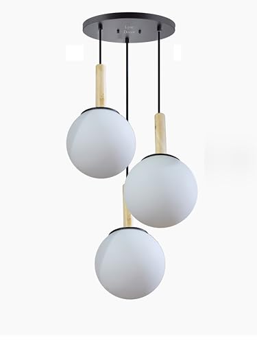 Lyse Decor Hanging Wood & Glass Ceiling Lamps, Hanging Room Lights for Bedroom, Dining Table Lights, Living Room Lamps and Decorative Lamps (White Shade)
