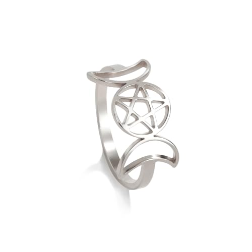 Triple bague de déesse de la lune pour les femmes Pentagramme Étoile Croissant Lune Amulette Religion Wicca Bijoux Cadeau païen (Argent, 11)