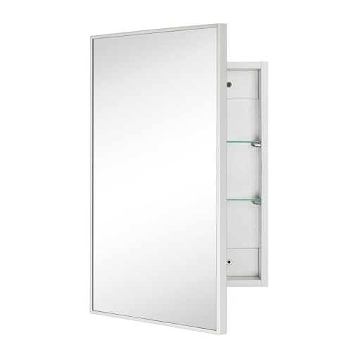 Image of TEHOME 16.5'' x 24'' Polished Nickel Recessed and Surface Mount Bathroom Medicine Cabinet with Mirror Square Cornered Metal Framed Rounded Rectangle Medicine Cabinet Mirror