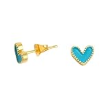 Heart Stud Earrings Cute Gold-tone Love Heart Colorful Enamel Studs Earring for Women Piercing Post Fashion Jewelry 7mm*8mm (Blue)