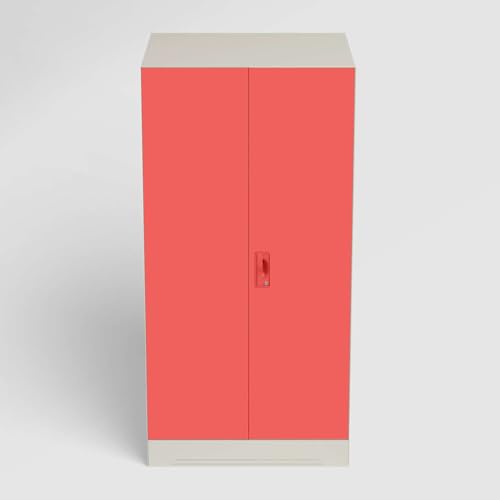 Image of Interio by Godrej Almirah Slimline 2-Door Steel Almirah, Cupboard for Clothes (Alpine White and Hot Coral Matte), 1-Year Warranty, 1 Locker, 4 Shelves