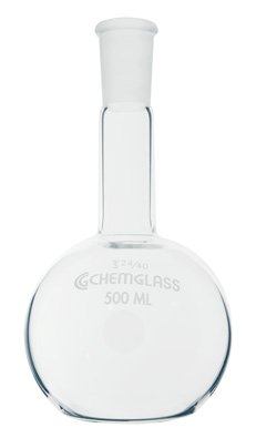 Chemglass CG-1502-07 Series Flat Bottom Flask, Single Longneck Outer Joint, 24/40, 1000ml Capacity