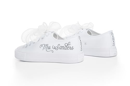 Personalized Wedding Sneakers for Bride – Silver Mirror Name Custom Bridal Shoes – Handmade White Trainers for Ceremony or Reception3