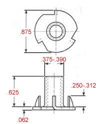T-NUT 5/16-18 X 5/8" Length, 4 Prong, Steel, Press-in Threaded Insert for Wood OR Plastic. (Pack of 100)