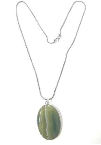Image of Green Agate Pendant Necklace, Oval Stone brass chain silver coated Natural Gemstone Jewelry