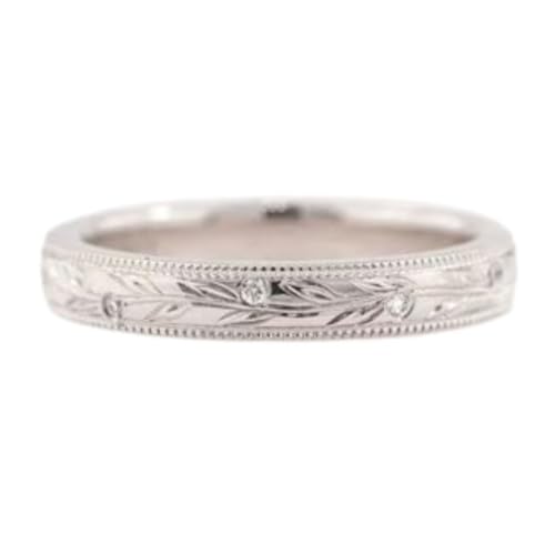 SilvaDeco 1 Ct Round Diamond Art Deco Vintage Style Filigree Floral Design Wedding Anniversary Eternity Milgrain Band For Women 14K Gold Plated Retro Vintage 925 Silver Handmade Beautiful Gift Ring