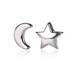 HANFLY Tiny Moon and Star 925 Sterling Silver Stud Earring Star Earring (5mm / 8mm)