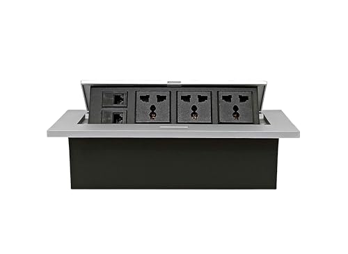 BOXNUBE Hydraulic Pop UP Box Cable Cubby Extension Board with 3 x Universal Power Sockets & 2 x CAT6 LAN Ports (Silver)