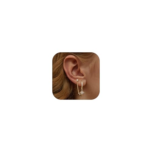 Adramata - Adramata Boucles d'Oreilles Argent 925 pour Femme Plaquée Or 14 Carats Dangle Chaîne Boucles d'oreilles, Double Creoles Or/Argent pour Plusieurs Piercings Oreille Helix Tragus Piercing Bijoux,