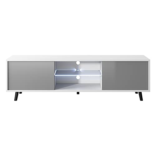 Selsey Lefyr - Mueble TV - Blanco Mate/Gris Brillo - 140 cm - iluminación LED a Pilas – Moderno