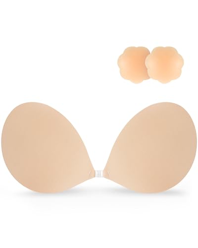 Niidor Adhesive Bra Strapless Sticky Invisible Push up Silicone Bra for Backless Dress with Nipple Covers Nude(B Cup)