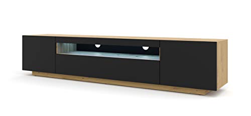 Mueble para TV de 200 cm, mueble para televisión, mueble de alta fidelidad, mesa de roble Artisan Artisan con frontal negro, armario independiente (roble Artisan con iluminación azul)