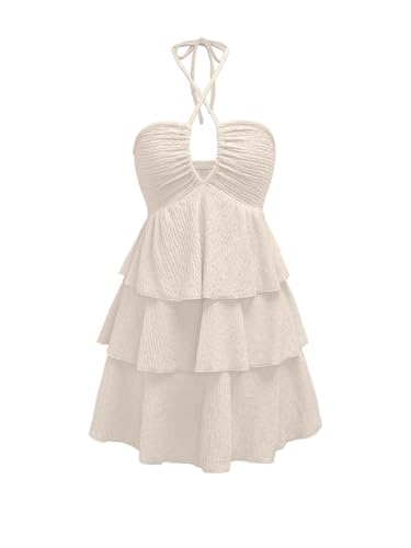 Image of Verdusa Women's Wedding Guest Babydoll Halter Dress Tiered Layered Textured Backless Flowy Short Summer Dress
