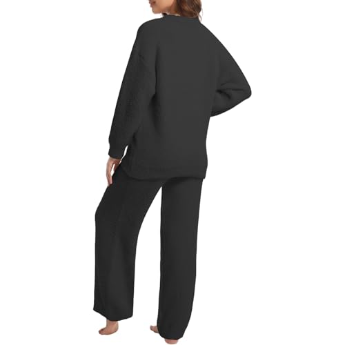 Image of BOSECETA 2 Piece Fleece Pajamas for Women Set Loungewear Outfits Knit Sweater Womens Long Sleeve Fuzzy Pajama Sets
