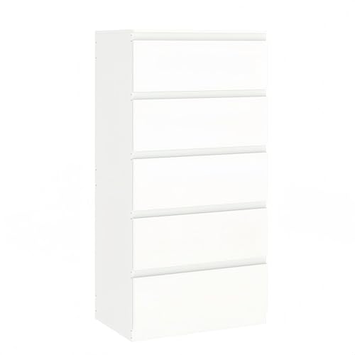 ZECIIYE Cómoda con 5 cajones, aparador, mesita de noche, mesa auxiliar, moderna, estrecha, color blanco, madera MDF para dormitorio, salón, habitación infantil, pasillo, baño y oficina, 60 x 40 x