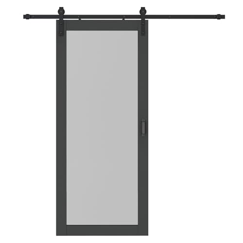 Image of 36 in. x 84 in. 1 Lites Pre Assembled Frosted Glass Black MDF Interior Sliding Barn Door with Hardware Kit Door Handle