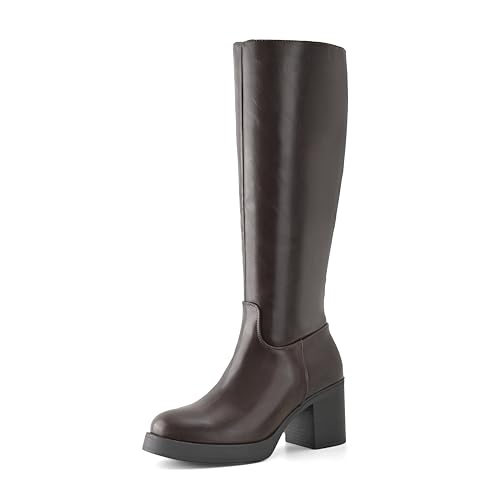 Image of Shoe'N Tale Platform Knee High Boots for Women Block Chunky Heel Round Toe Side Zipper Tall Boots