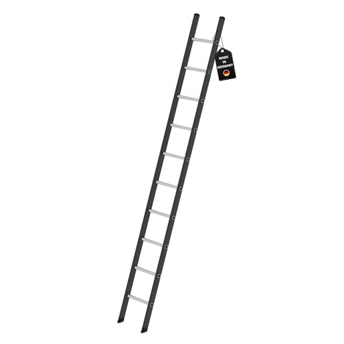 PROREGAL Sprossen-Anlegeleiter 350mm ohne Traverse Made in Germany | 10 Sprossen | Arbeitshöhe 4,1m | Traglast 150kg | Anthrazit | Leiter, Trittleiter, Bockleiter, Sprossen-Doppelleiter
