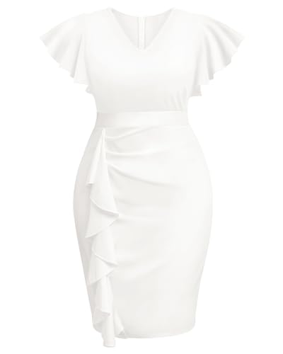 Image of Plus Size Cocktail Dress - Wedding Guest Women Bodycon Vintage Ruffle Church Pencil Dress