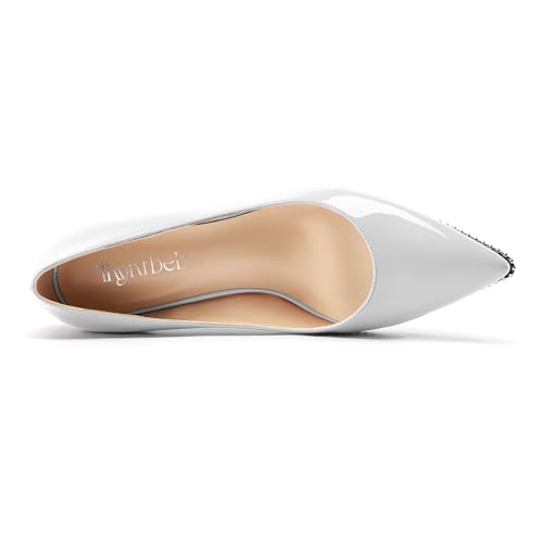 Image of TNYNFBEB Womens Kitten Heel Pointed Toe Pumps Slip-on Sliver Beaded Prom Wedding Dress Basic Classic Patent Leather Summer 2.6 Inches Heels