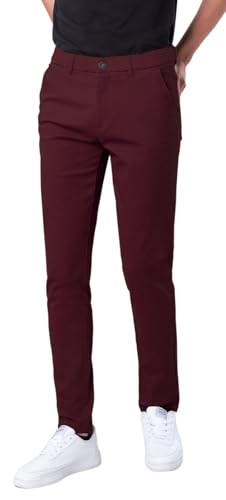 Plaid&Plain Mens Skinny Stretchy Khaki Pants Colored Pants Slim Fit Slacks Tapered Trousers 819 Burgundy 36X34