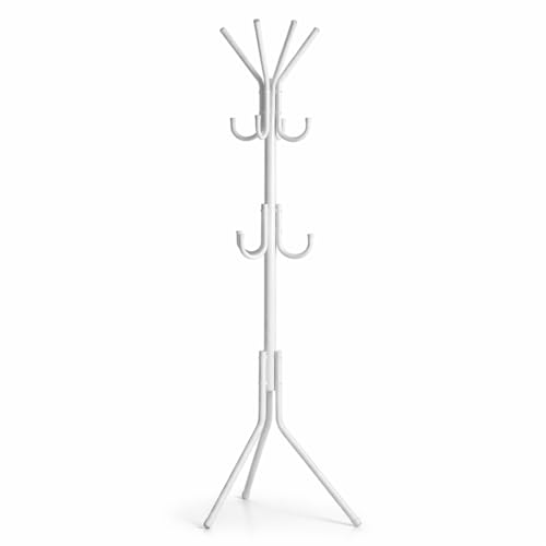 Perchero de Pie Metálico con Ganchos Múltiples | Diseño Moderno y Estable | Estructura de Acero Resistente | Base Triangular Antivuelco | Ideal para Entrada, Dormitorio u Oficina | Blanco