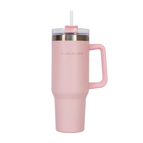 Flamingueo Gourde avec Paille 1,18L - Mug Isotherme - Boissons Froides 24h et Chaudes 10h - Acier Inoxydable - Thermos - Rose